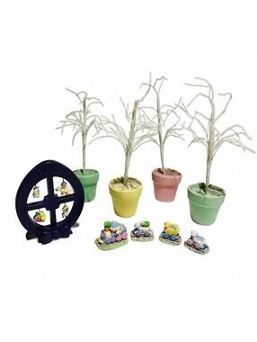 Easter Decorations: 4 Mini Artificial Trees in Pots Animal Train & Ornaments
